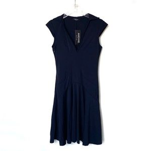 ANGVNS Navy Midi Dress | V‑Neck Cap‑Sleeve Fit & Flare | Size Small
